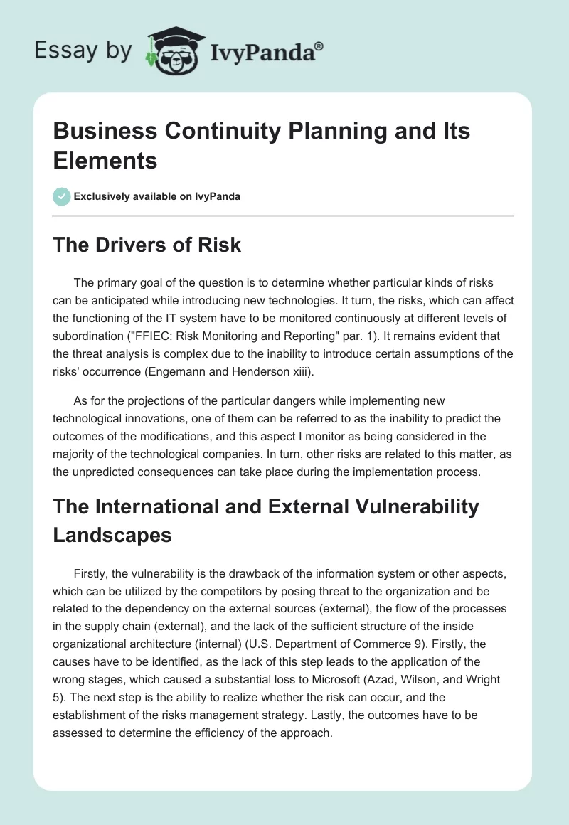 Business Continuity Planning and Its Elements. Page 1
