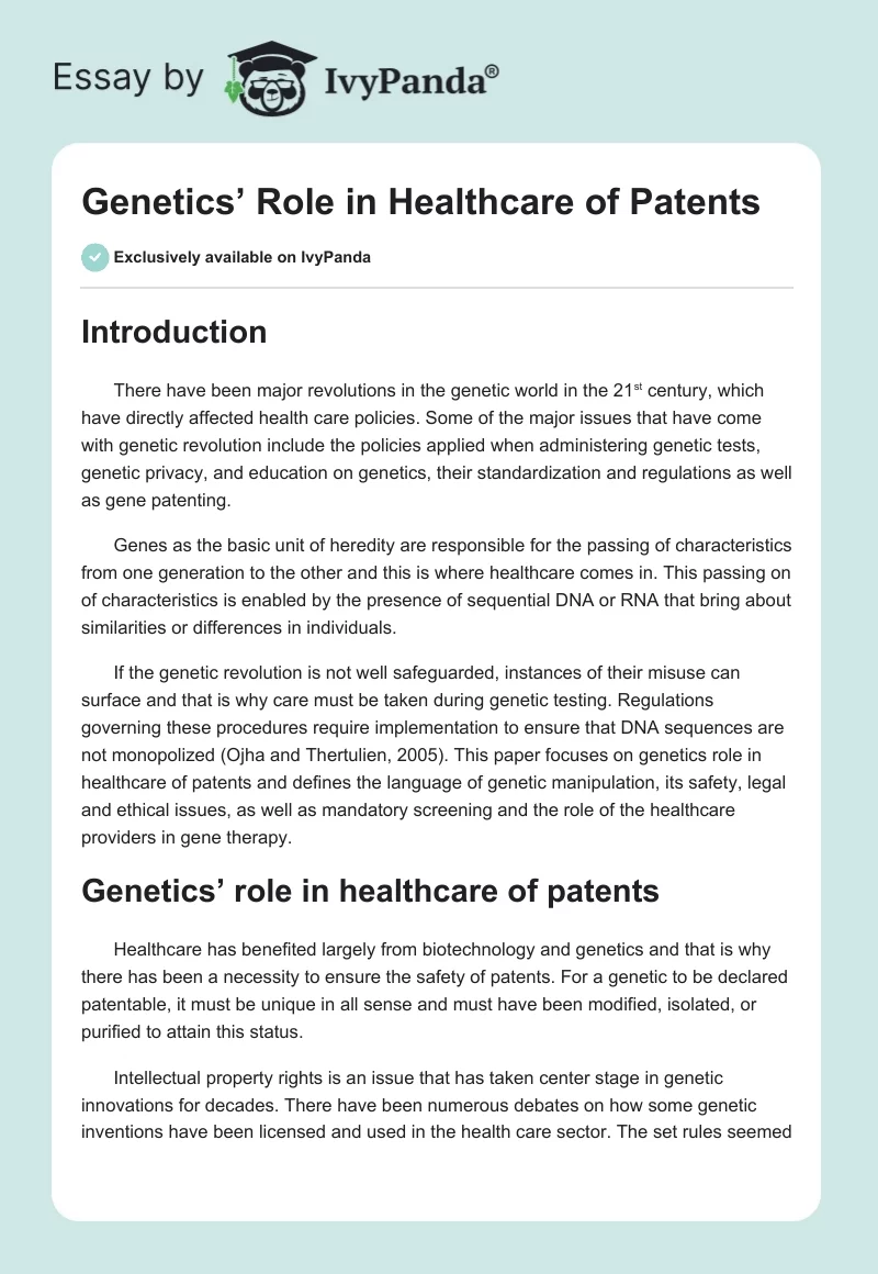 Genetics’ Role in Healthcare of Patents. Page 1