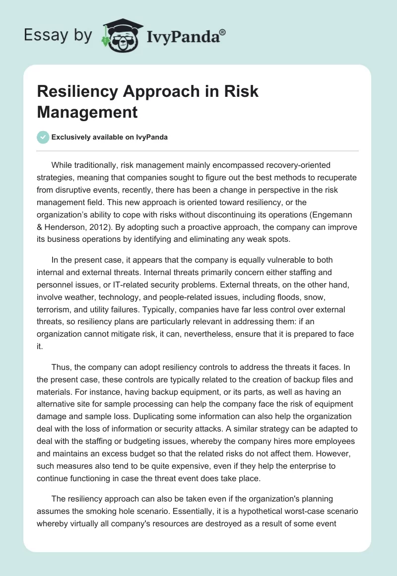 Resiliency Approach in Risk Management. Page 1