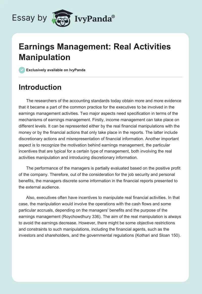 Earnings Management: Real Activities Manipulation. Page 1