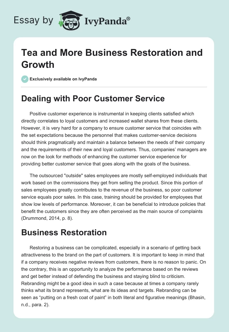 Tea and More Business Restoration and Growth. Page 1