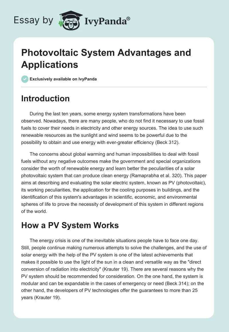 Photovoltaic System Advantages and Applications. Page 1