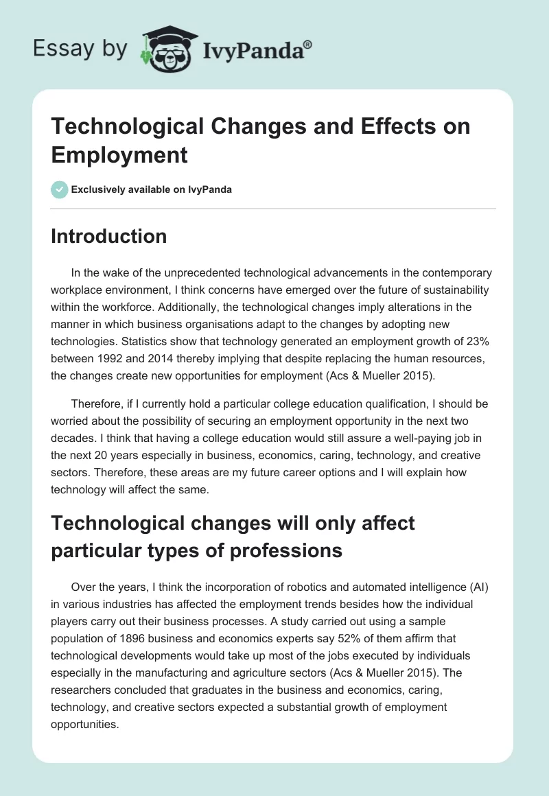Technological Changes and Effects on Employment. Page 1