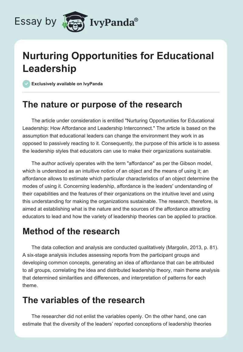 Nurturing Opportunities for Educational Leadership. Page 1