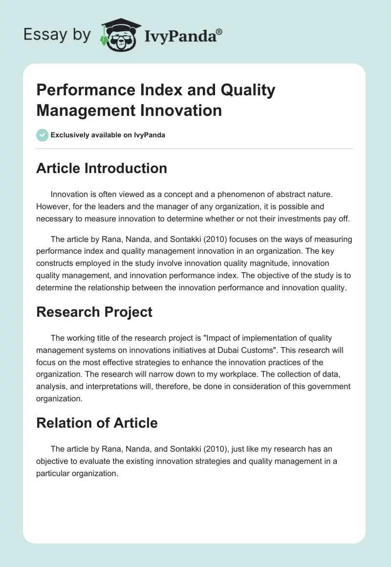 Performance Index and Quality Management Innovation. Page 1