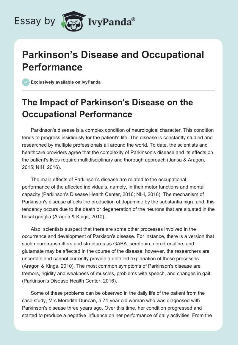 Parkinson’s Disease and Occupational Performance. Page 1