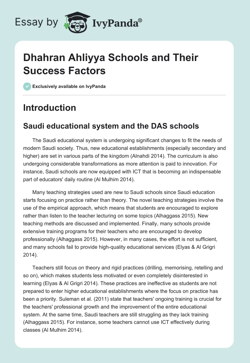 Dhahran Ahliyya Schools and Their Success Factors. Page 1