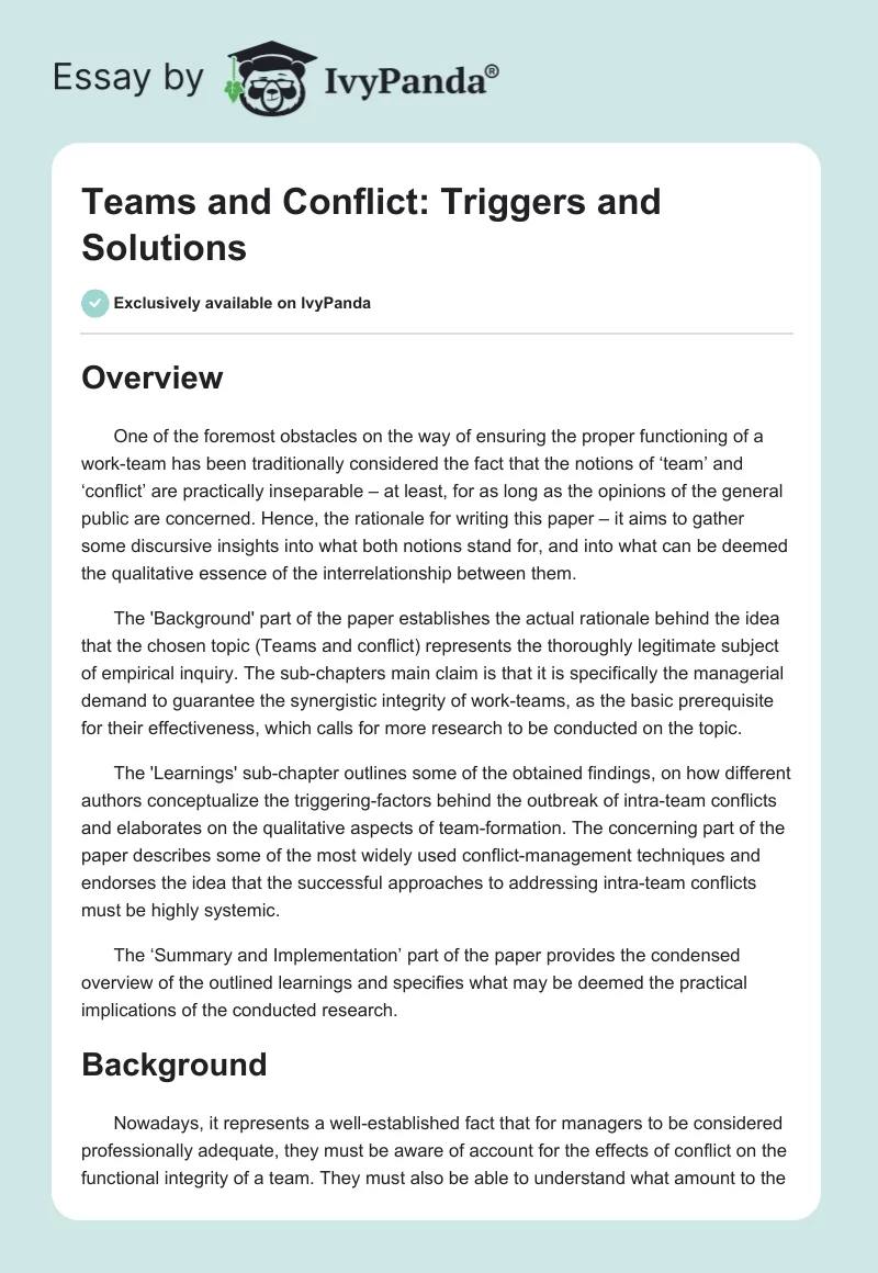 Teams and Conflict: Triggers and Solutions. Page 1