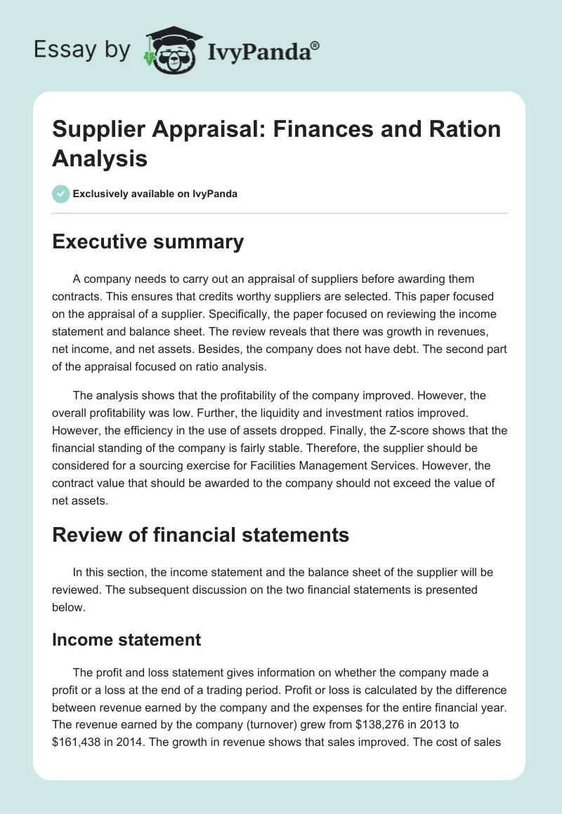 Supplier Appraisal: Finances and Ration Analysis. Page 1