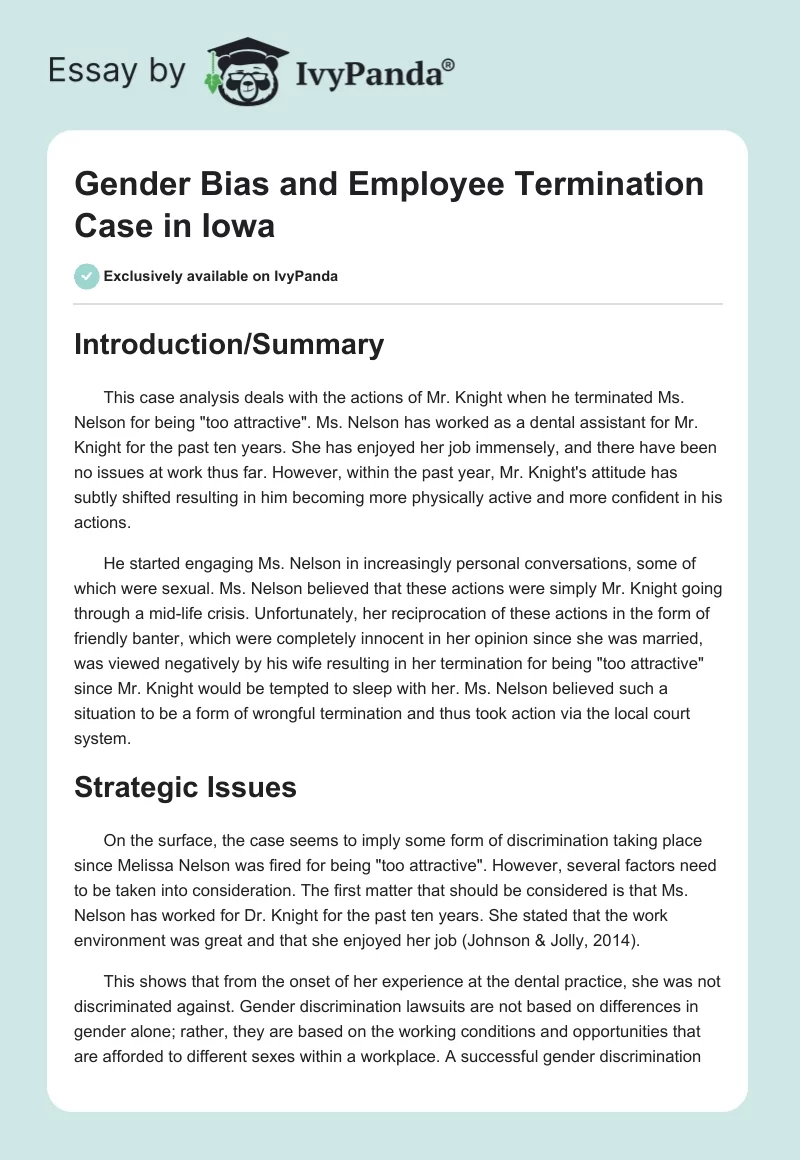 Gender Bias and Employee Termination Case in Iowa. Page 1