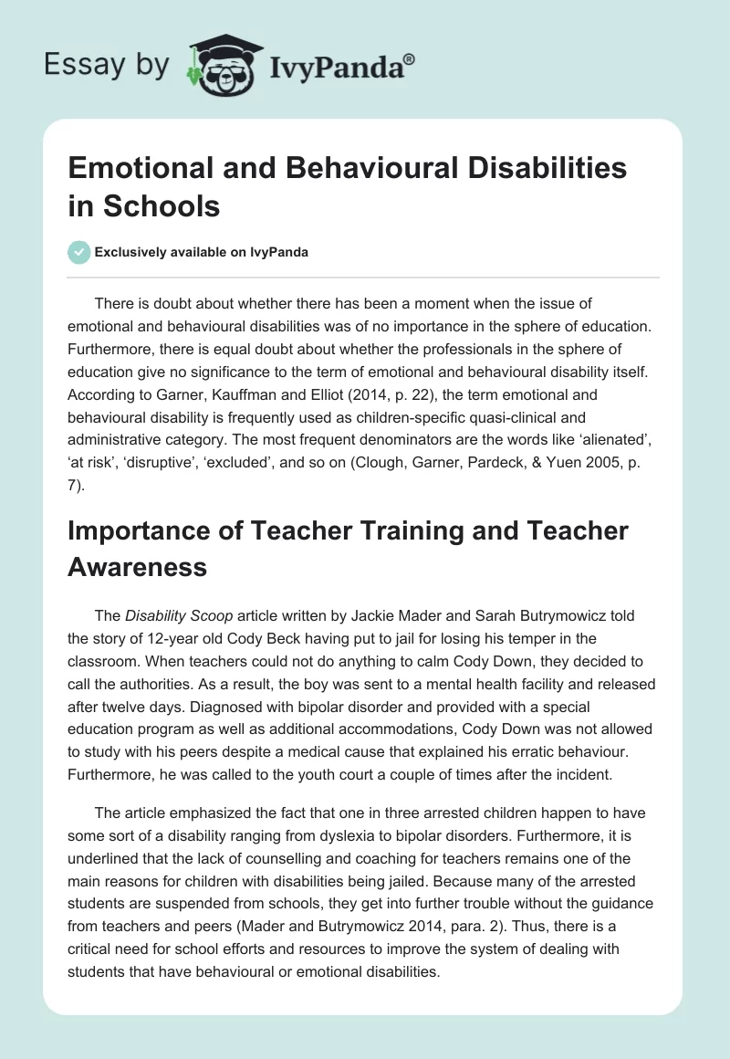 Emotional and Behavioural Disabilities in Schools. Page 1