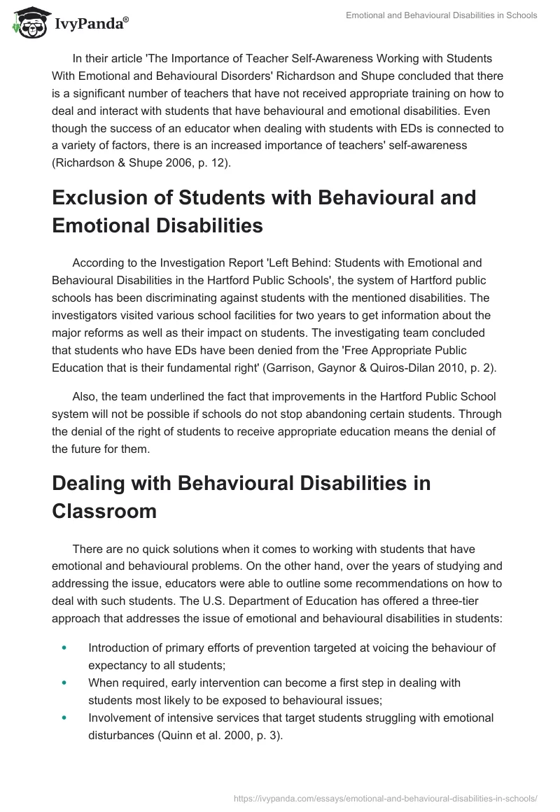 Emotional and Behavioural Disabilities in Schools. Page 2
