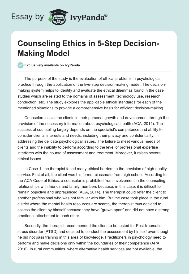 Counseling Ethics in 5-Step Decision-Making Model. Page 1