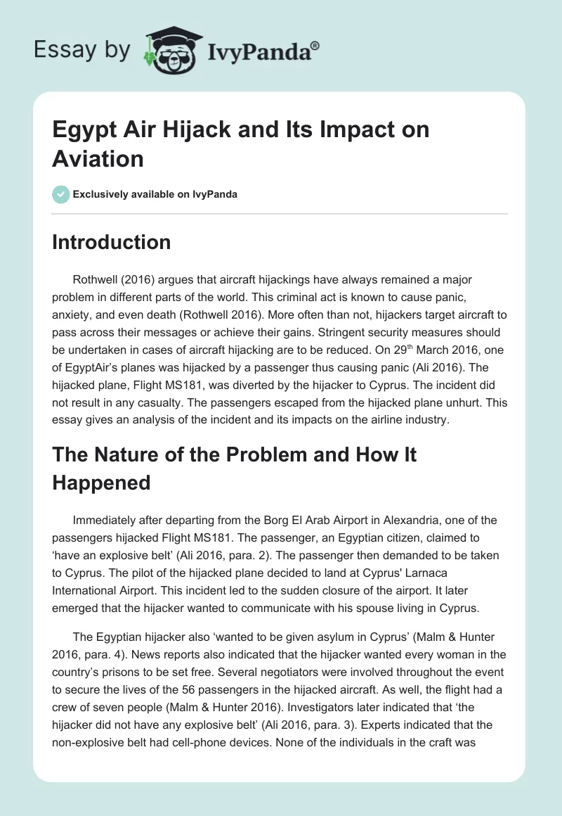 Egypt Air Hijack and Its Impact on Aviation. Page 1