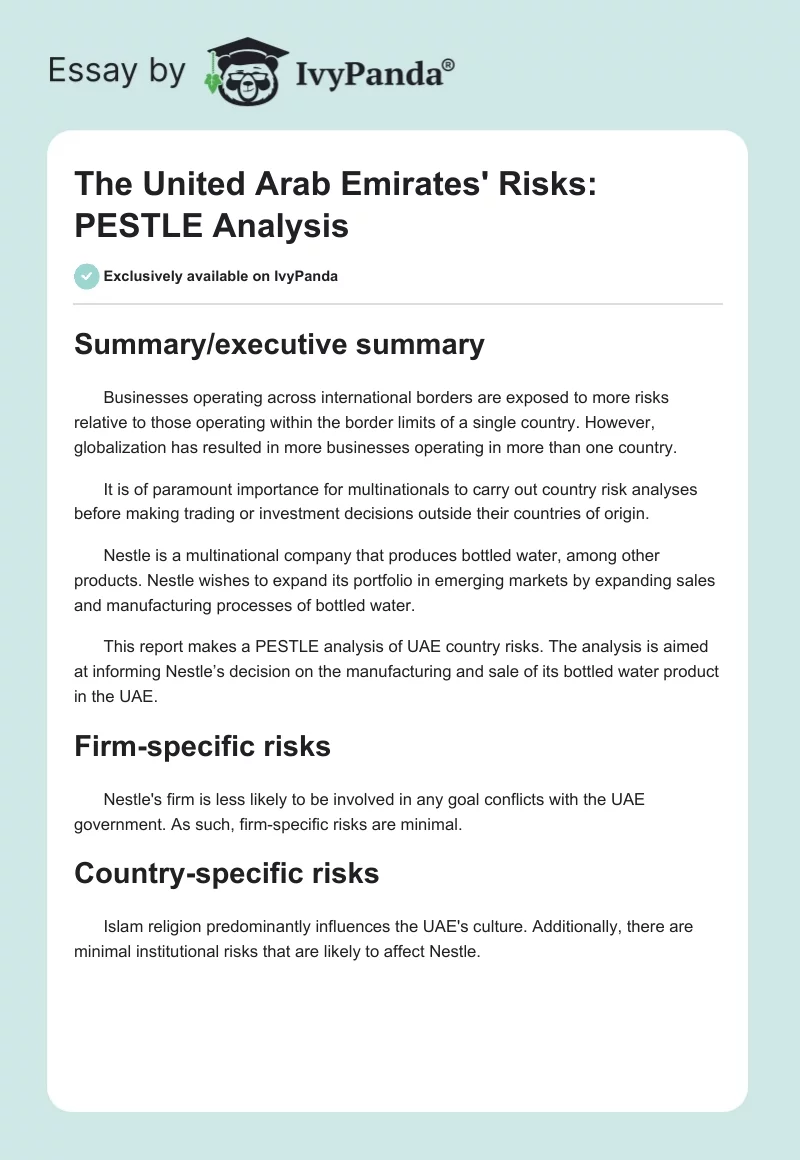 The United Arab Emirates' Risks: PESTLE Analysis. Page 1