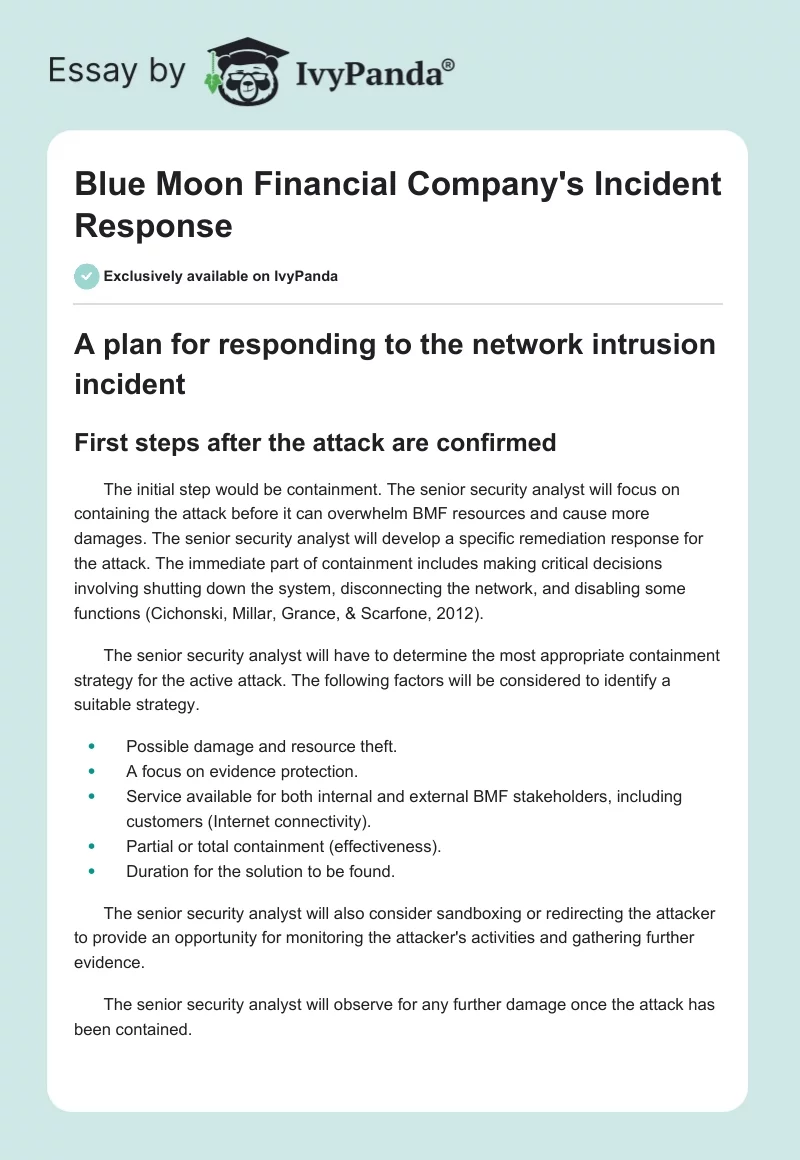 Blue Moon Financial Company's Incident Response. Page 1