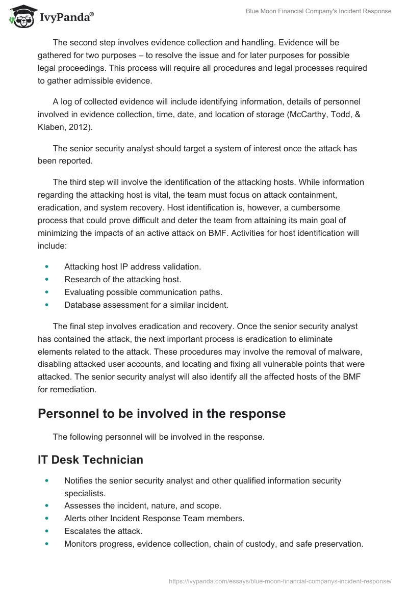 Blue Moon Financial Company's Incident Response. Page 2