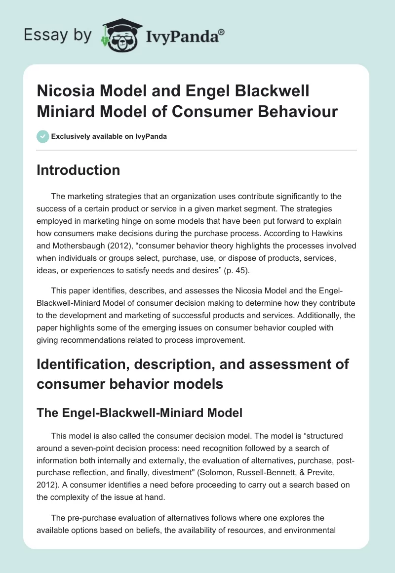 Nicosia Model and Engel Blackwell Miniard Model of Consumer Behaviour. Page 1