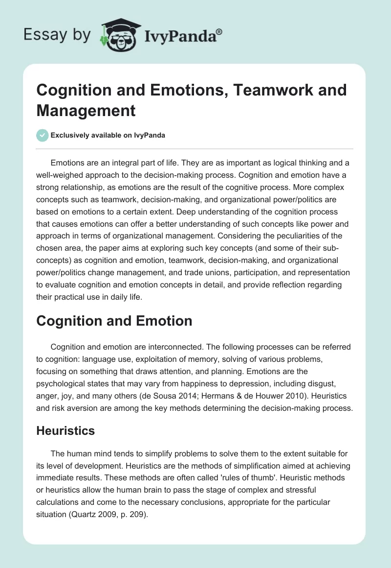 Cognition and Emotions, Teamwork and Management. Page 1