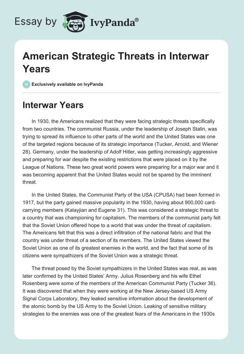 American Strategic Threats in Interwar Years. Page 1