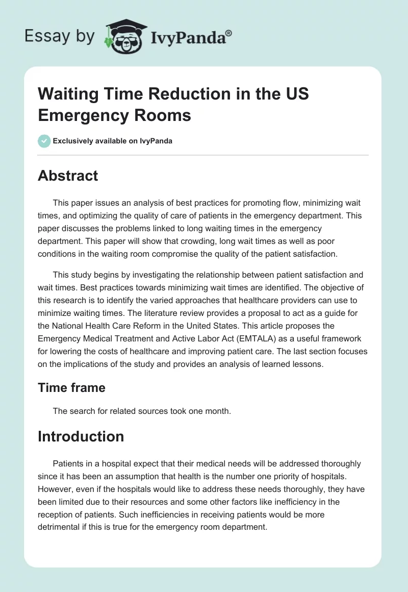 Waiting Time Reduction in the US Emergency Rooms. Page 1