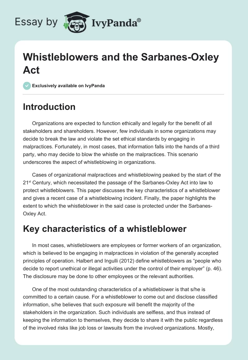 Whistleblowers and the Sarbanes-Oxley Act. Page 1