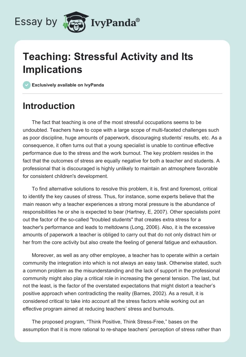 Teaching: Stressful Activity and Its Implications. Page 1