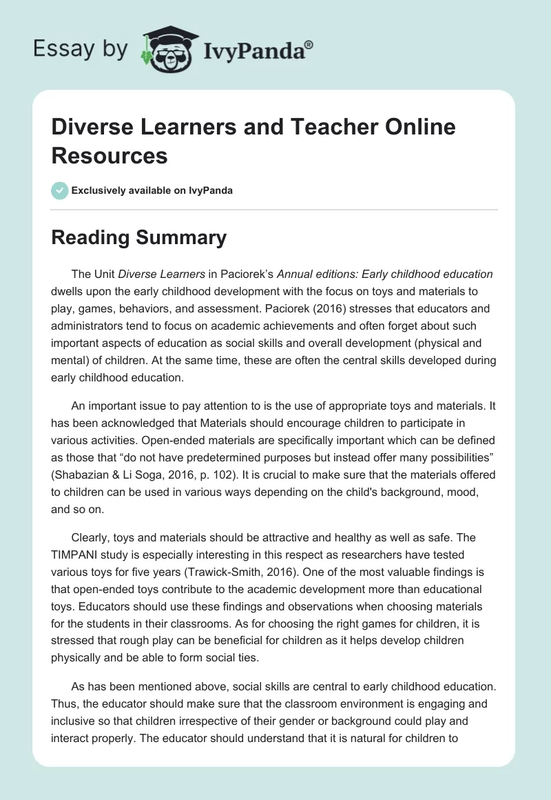 Diverse Learners and Teacher Online Resources. Page 1