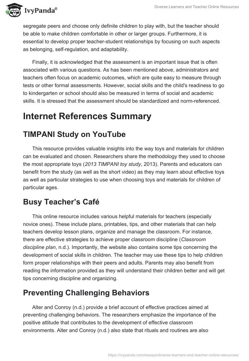Diverse Learners and Teacher Online Resources. Page 2