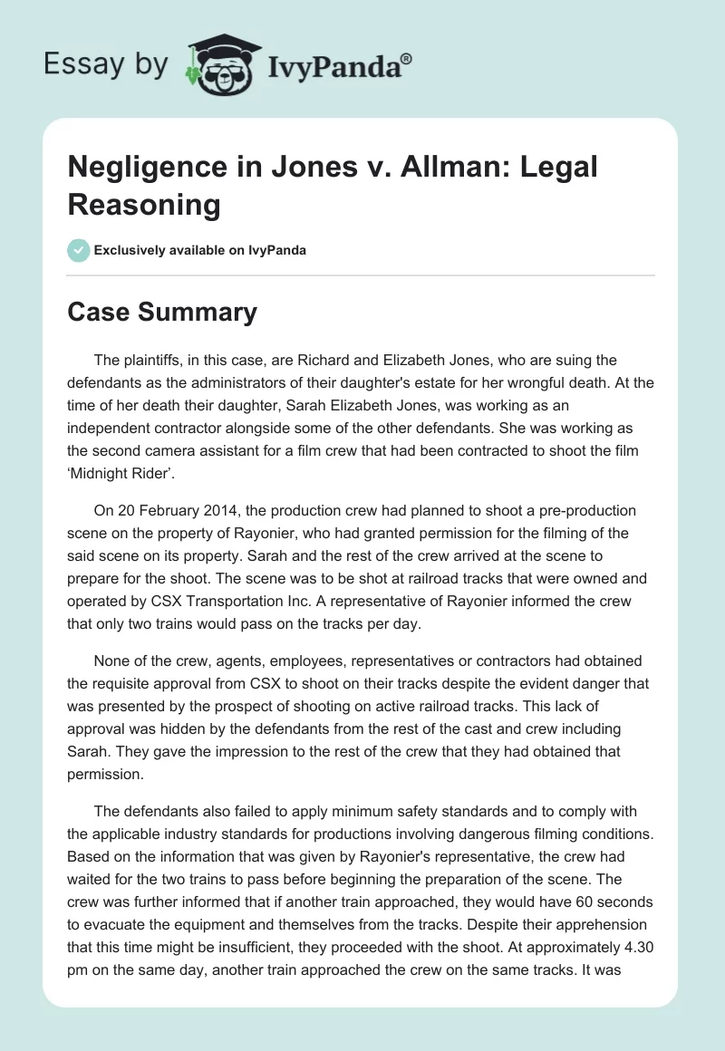 Negligence in Jones v. Allman: Legal Reasoning. Page 1