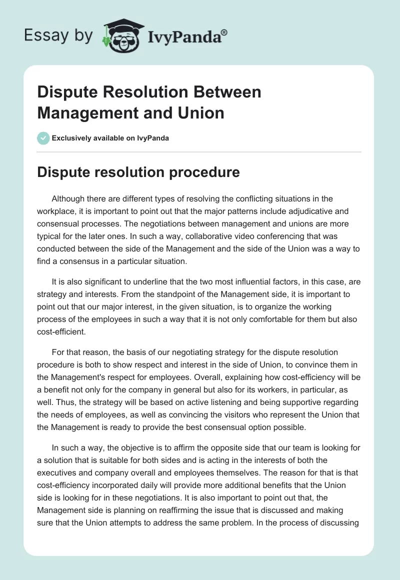 Dispute Resolution Between Management and Union. Page 1