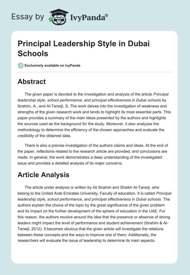 Principal Leadership Style in Dubai Schools. Page 1