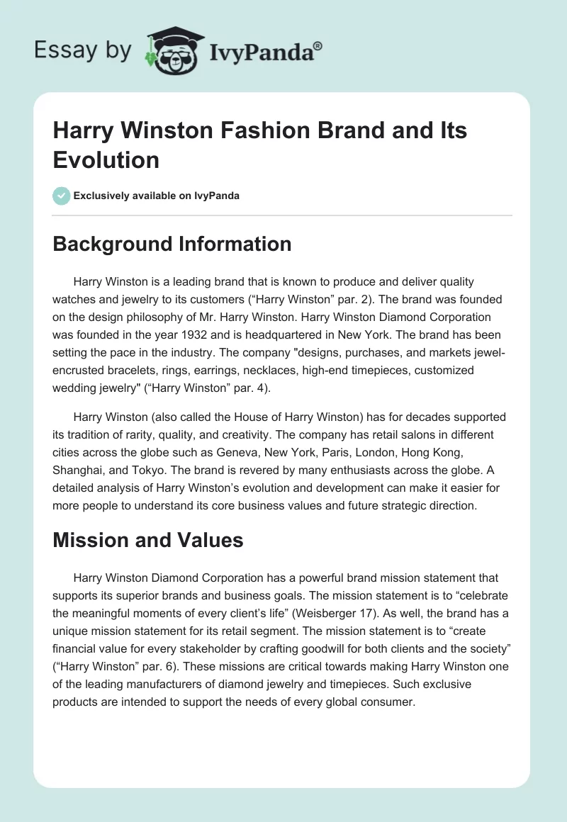 Harry Winston Fashion Brand and Its Evolution. Page 1