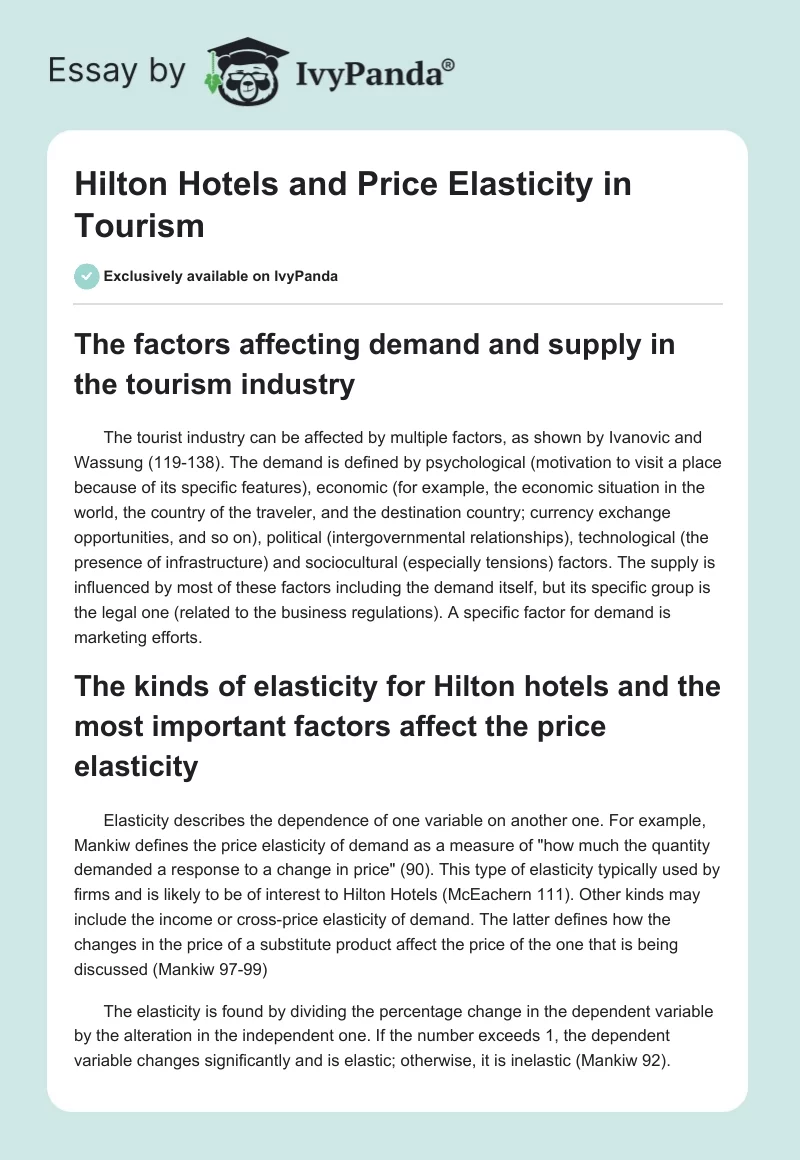 Hilton Hotels and Price Elasticity in Tourism. Page 1