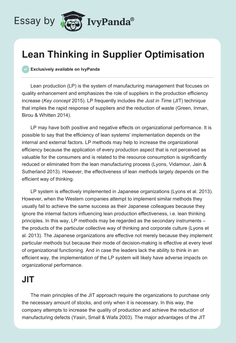 Lean Thinking in Supplier Optimisation. Page 1