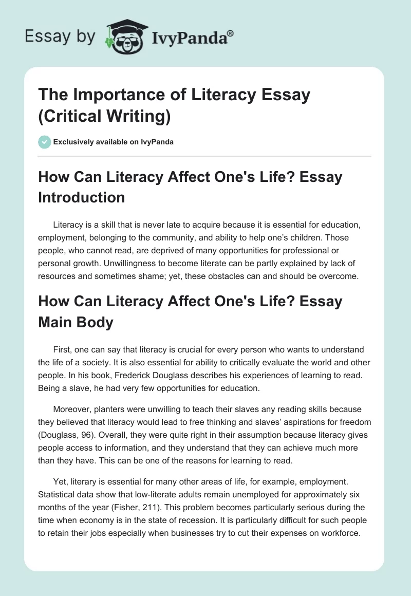 The Importance of Literacy Essay (Critical Writing). Page 1