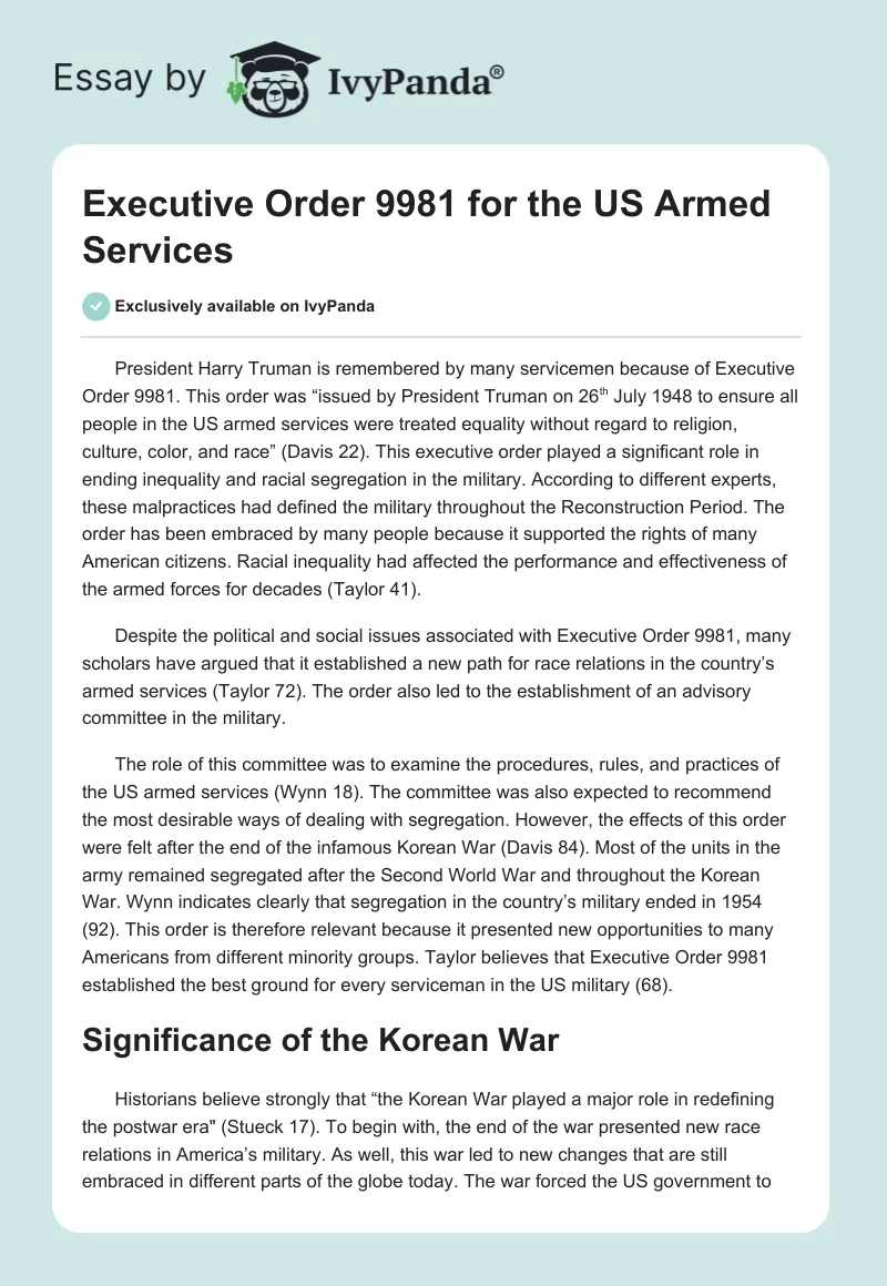 Executive Order 9981 for the US Armed Services. Page 1