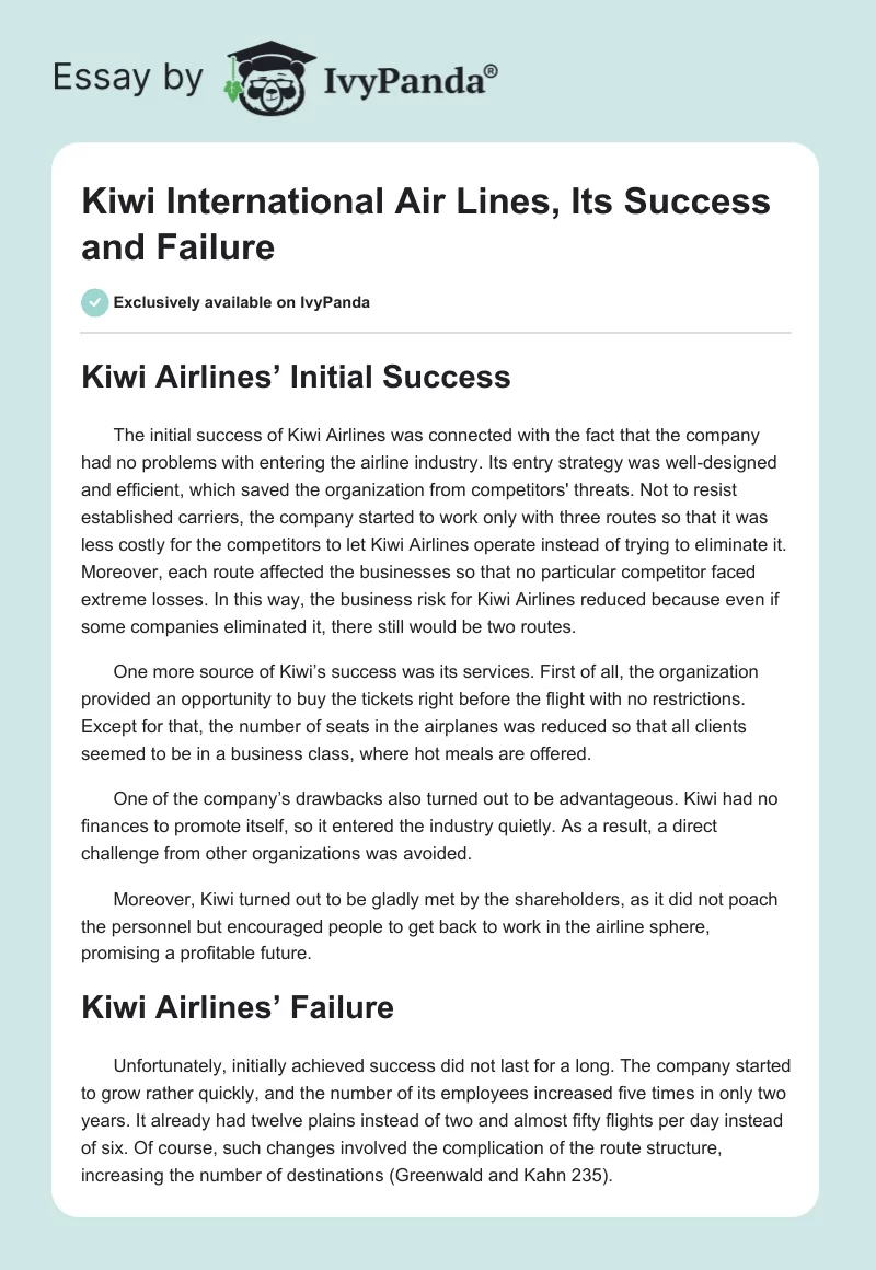 Kiwi International Air Lines, Its Success and Failure. Page 1