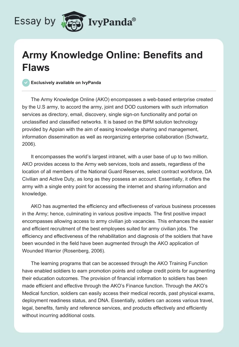 Army Knowledge Online: Benefits and Flaws. Page 1