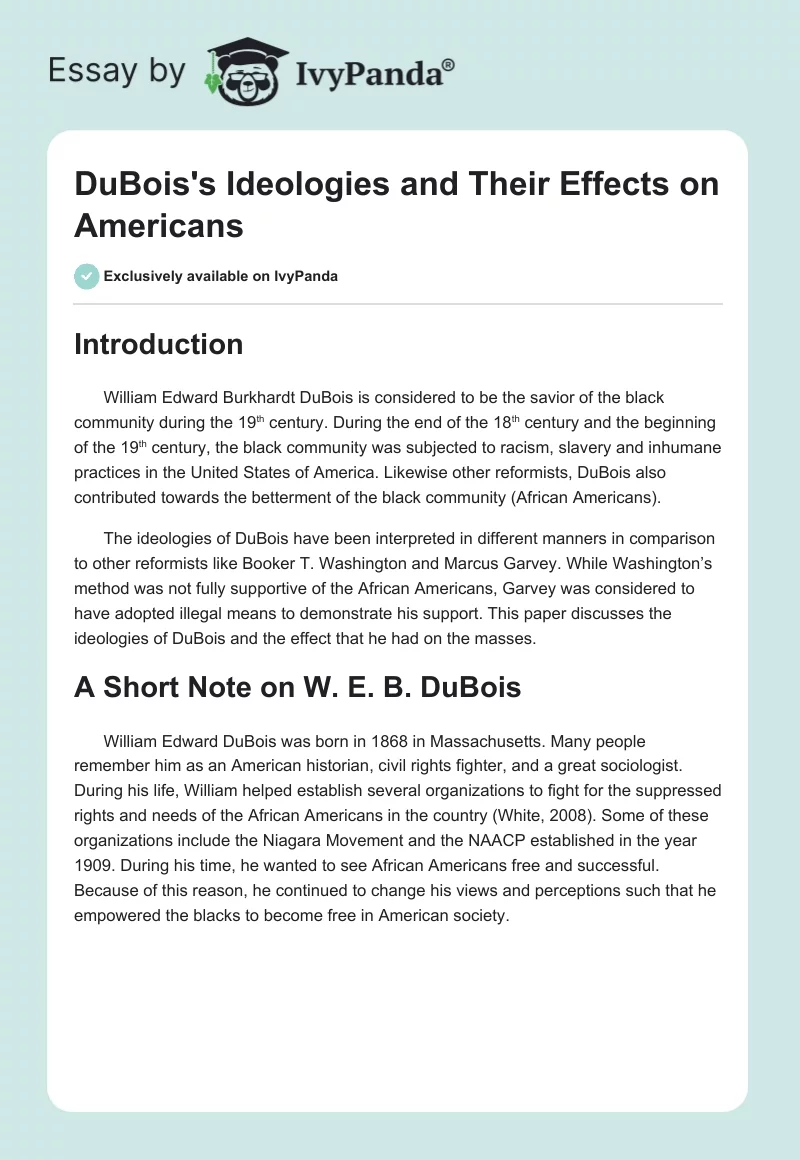 DuBois's Ideologies and Their Effects on Americans. Page 1