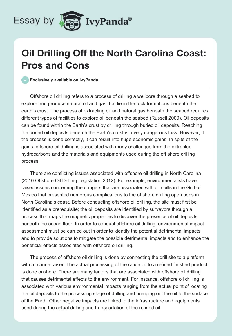 Oil Drilling Off the North Carolina Coast: Pros and Cons. Page 1