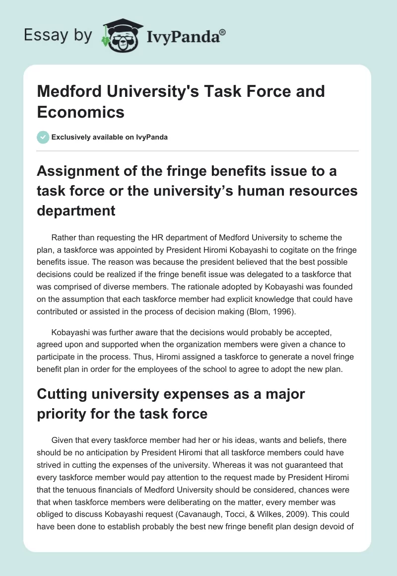 Medford University's Task Force and Economics. Page 1