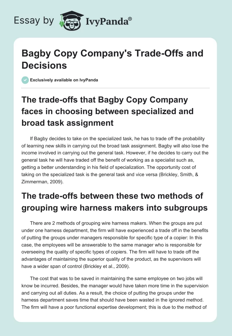 Bagby Copy Company's Trade-Offs and Decisions. Page 1