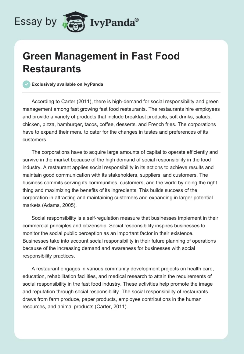 Green Management in Fast Food Restaurants. Page 1