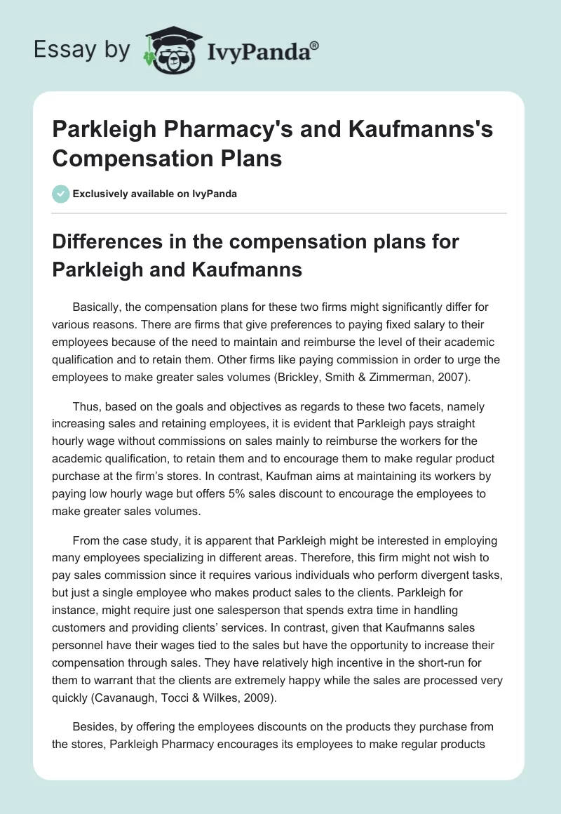 Parkleigh Pharmacy's and Kaufmanns's Compensation Plans. Page 1
