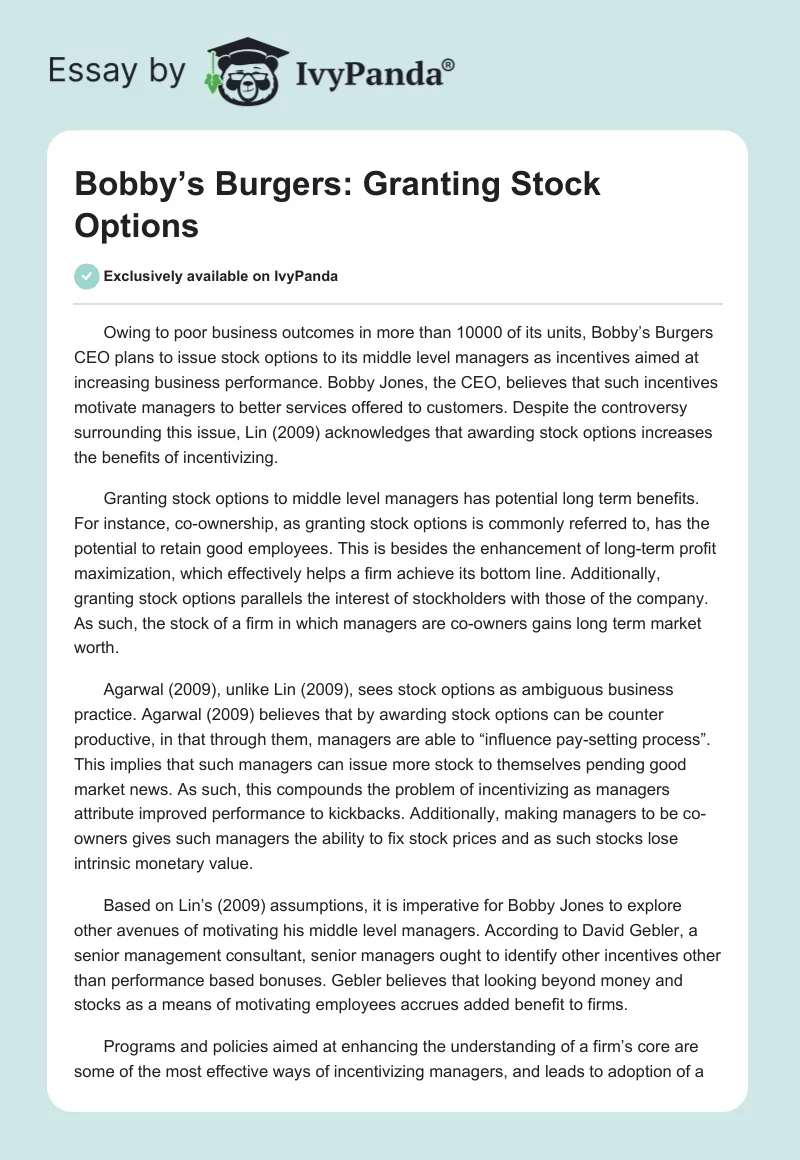 Bobby’s Burgers: Granting Stock Options. Page 1