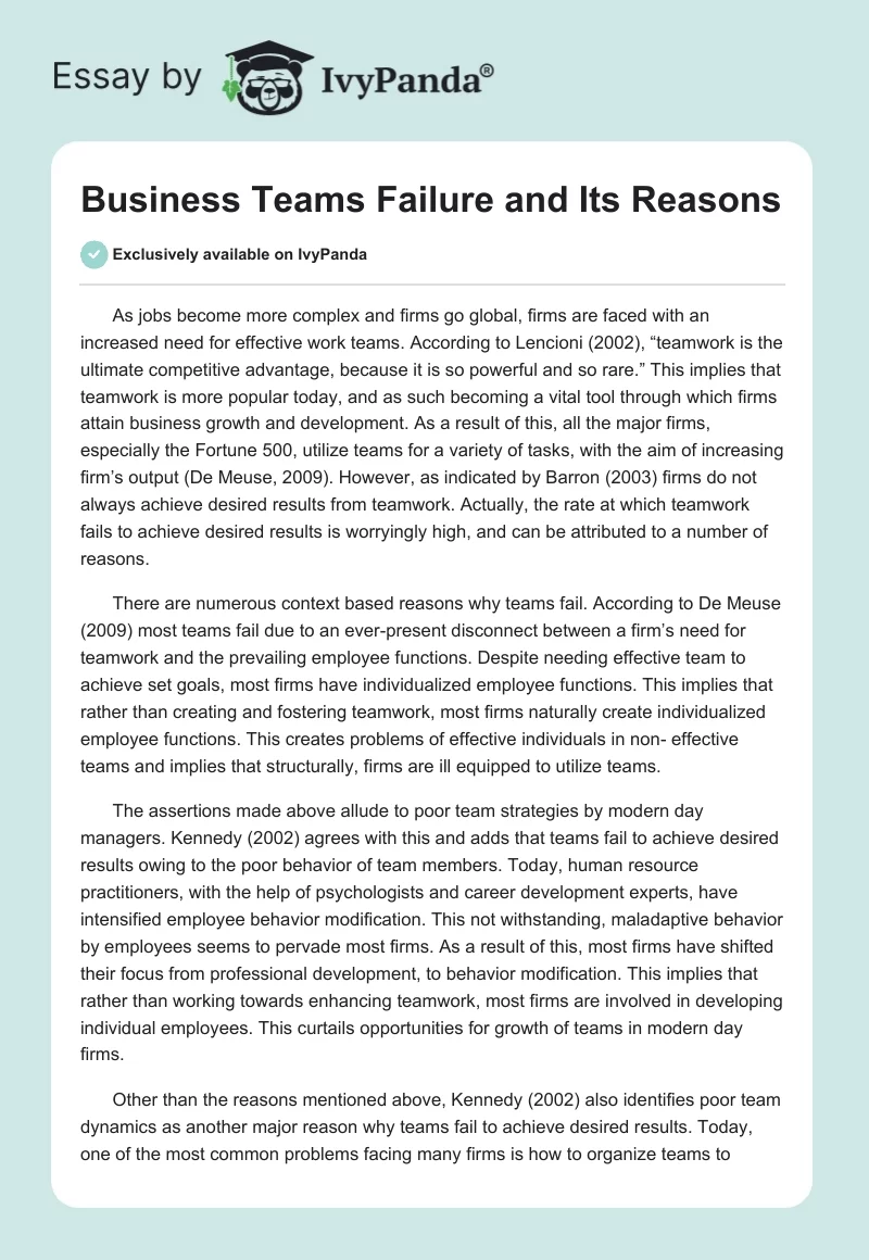 Business Teams Failure and Its Reasons. Page 1