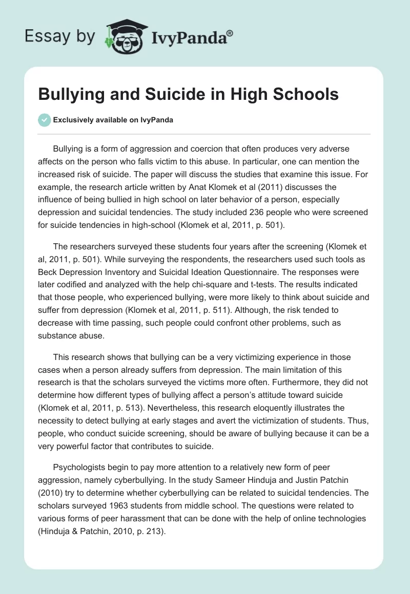 Bullying and Suicide in High Schools. Page 1