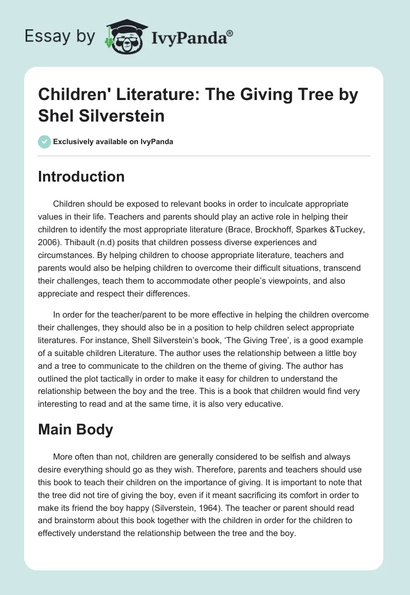Children' Literature: "The Giving Tree" by Shel Silverstein. Page 1