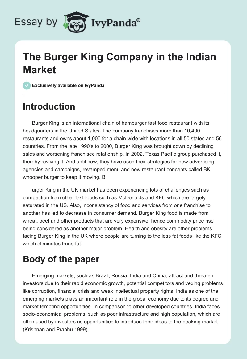 The Burger King Company in the Indian Market. Page 1